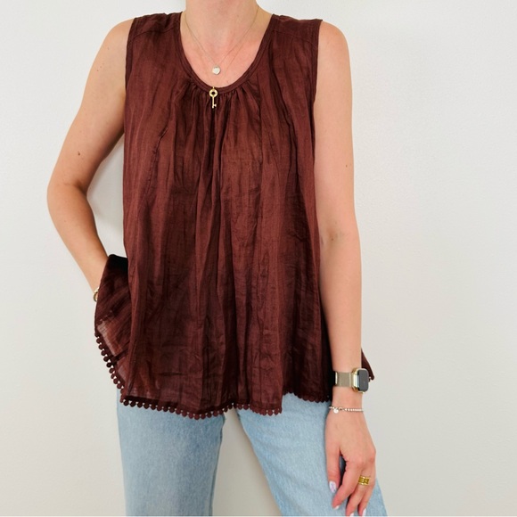 Zara Brown ramie passementerie boho Sleeveless buttoned back Blouse top - Picture 7 of 15